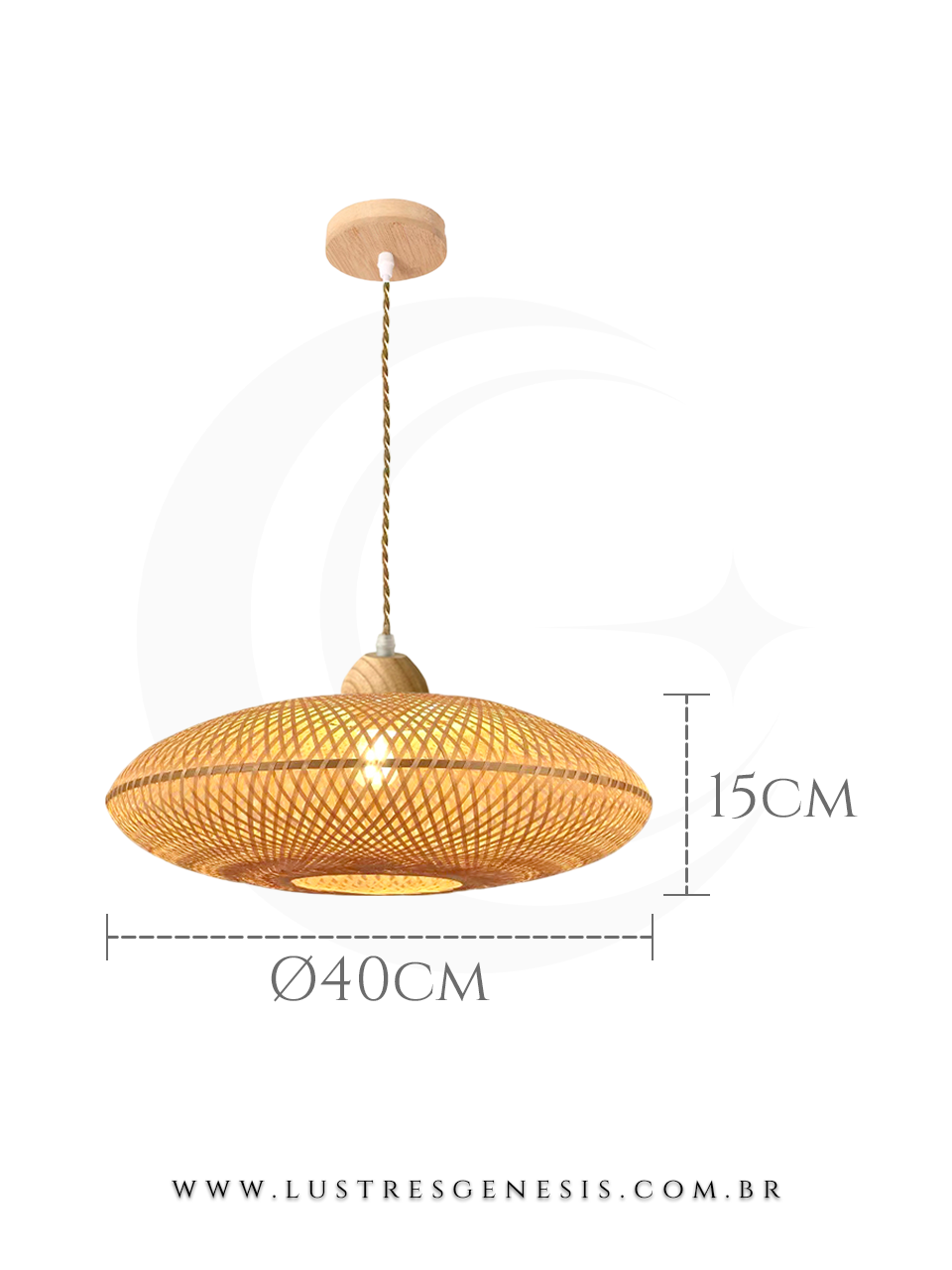 Luminária pendente de fibra de bambu Ø40cm modelo Batu, ideal para mesas, balcão de cozinha, área gourmet e sítios, da marca GMH.